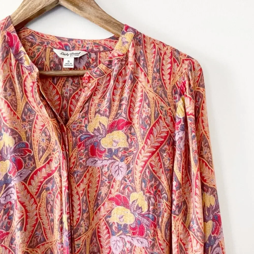 Lucky Brand Button Down Floral Print Top Orange Red Size Small EUC - Picture 2 of 15